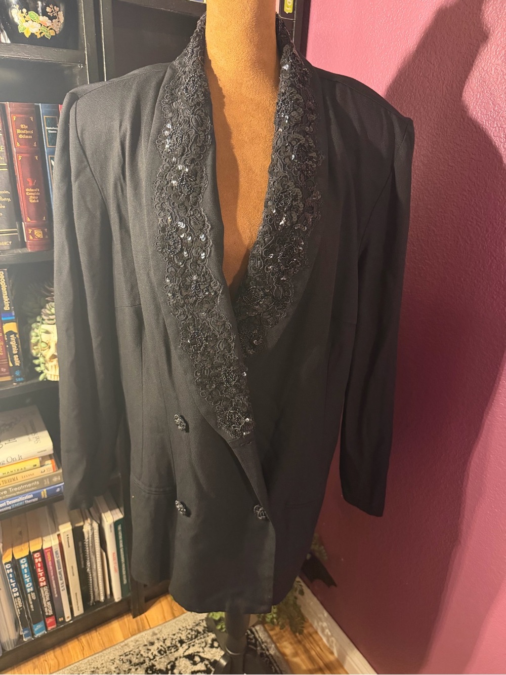 Black Beaded Lapel Double-Breasted Women's Coat by Dani Max - Lois Snyder